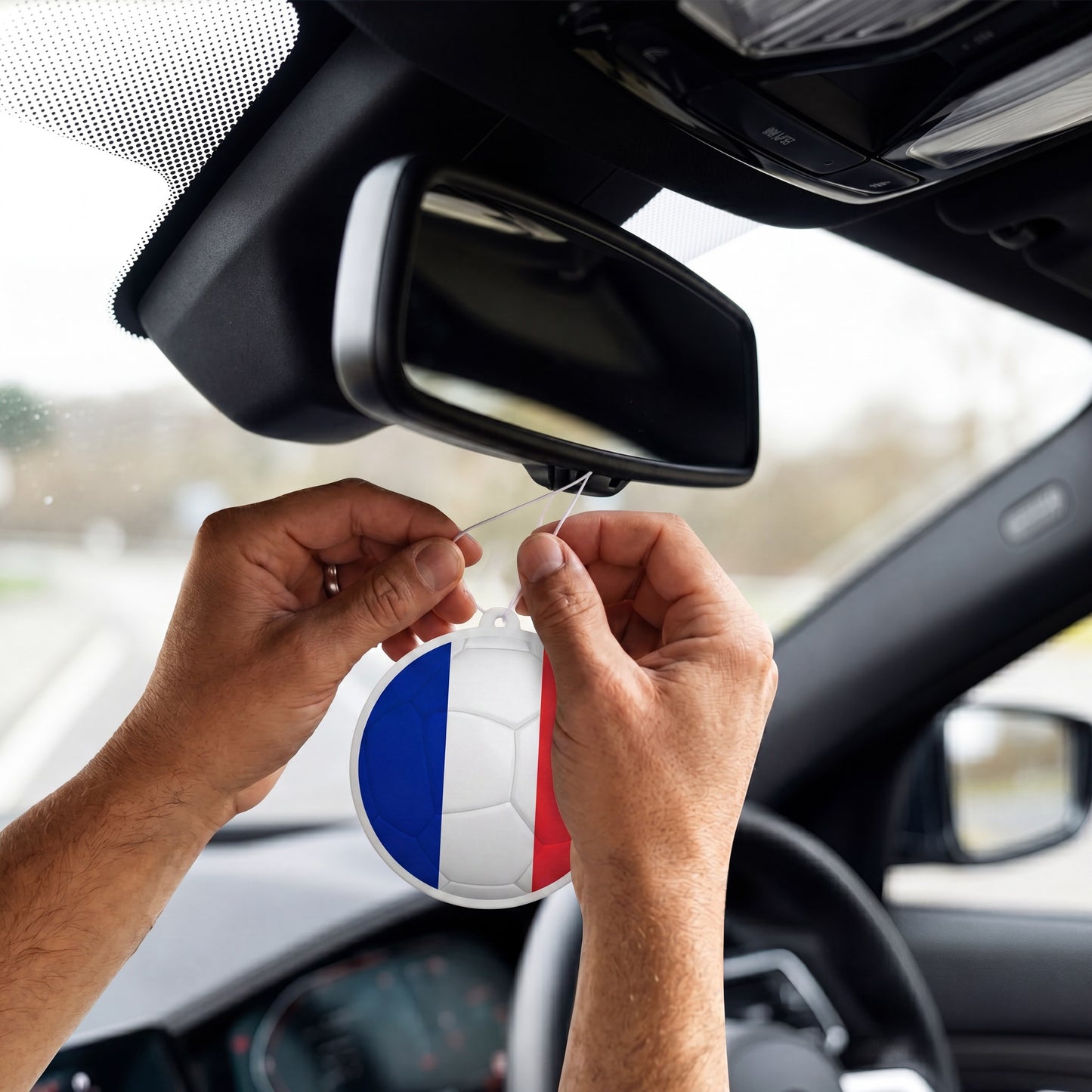France flag car freshener hanging on rearview mirror