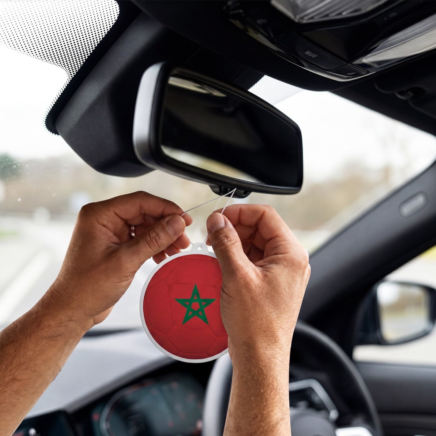 Morocco flag car freshener hanging on rearview mirror