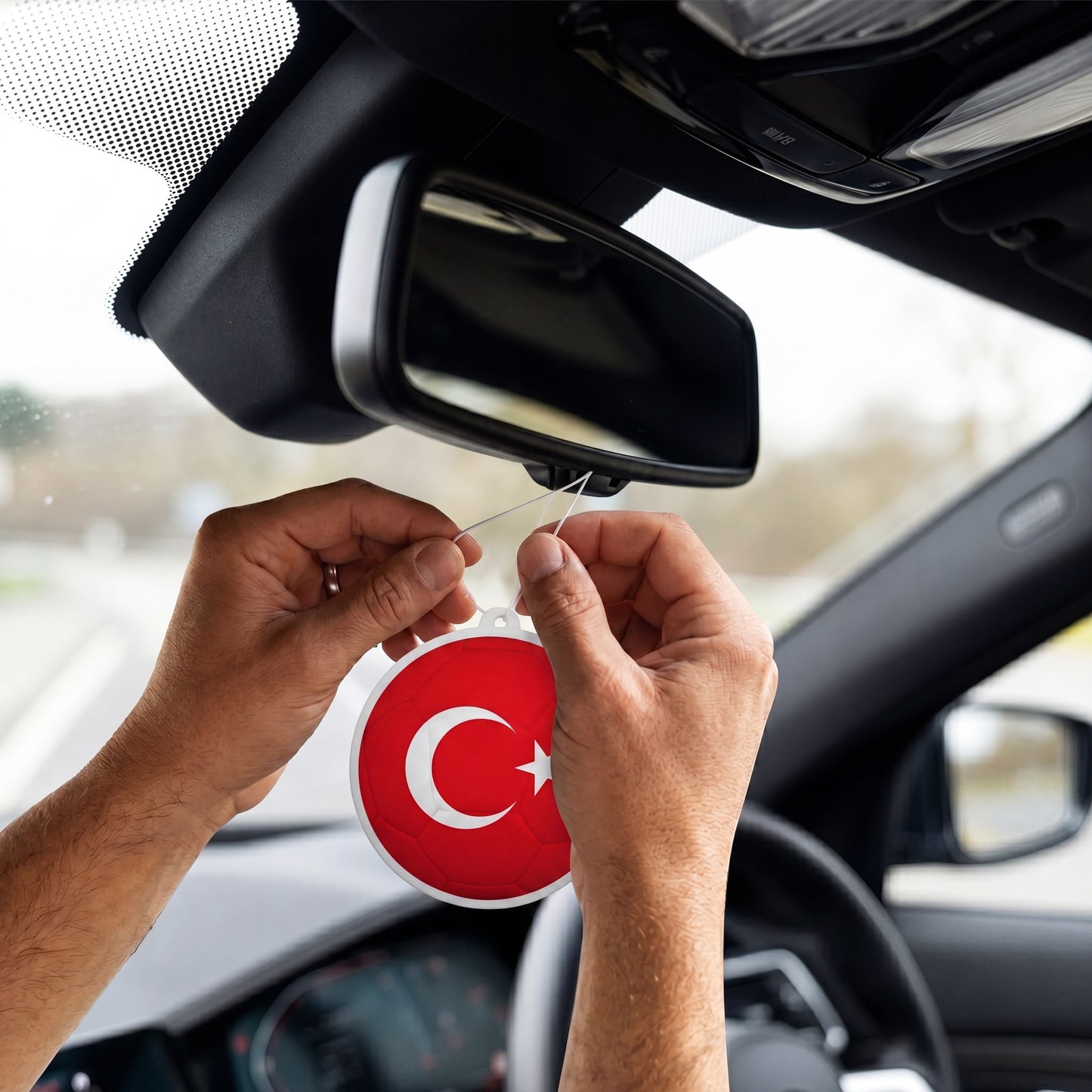 Turkiye flag car freshener hanging on rearview mirror