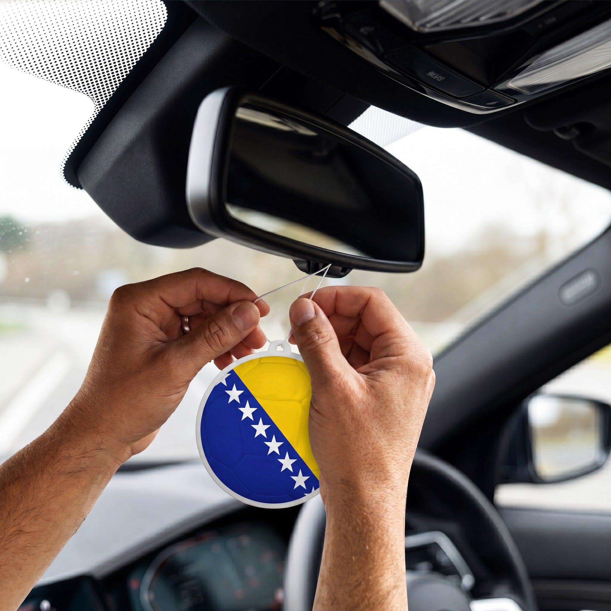 Bosnia and Herzegovina flag car freshener hanging on rearview mirror
