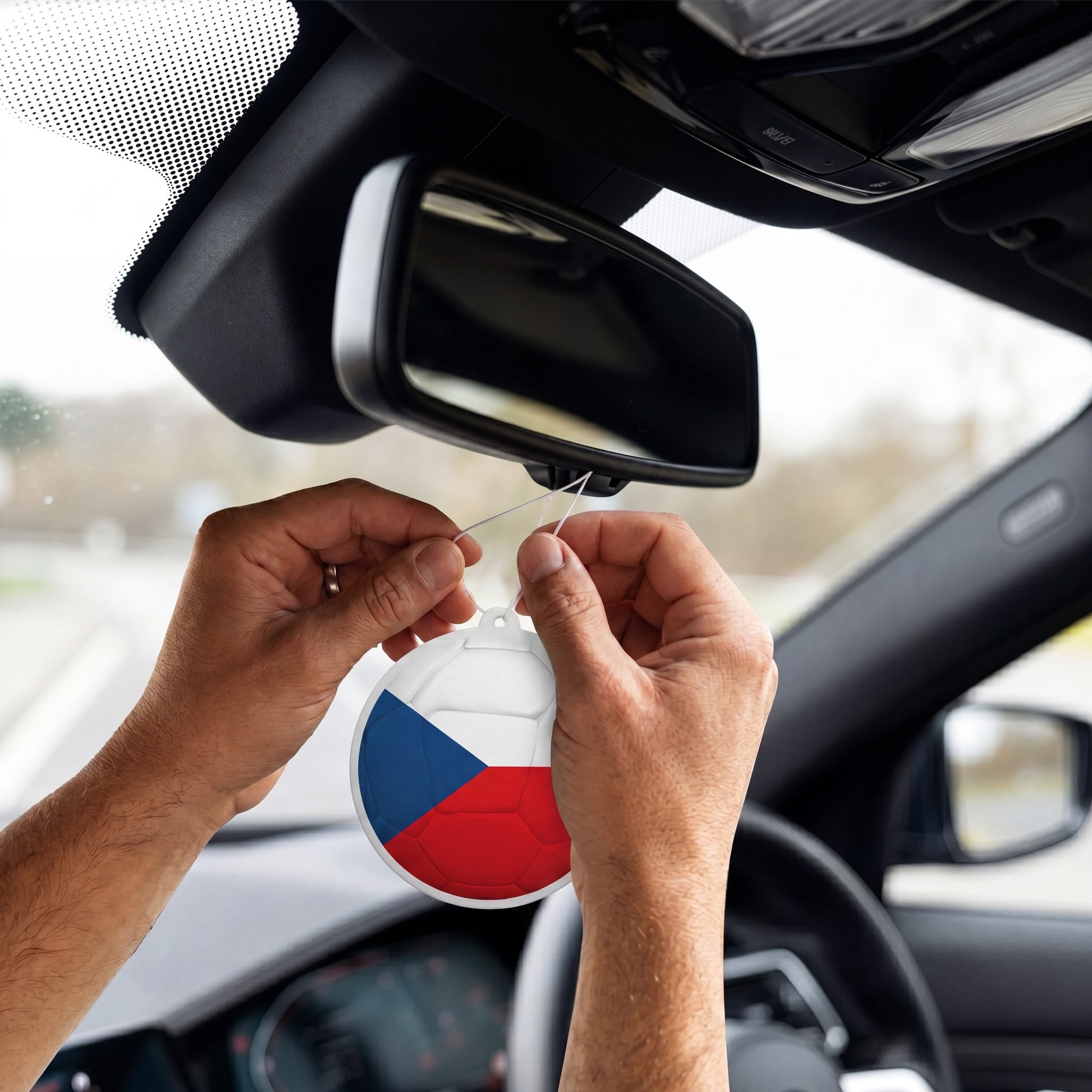 Czechia flag car freshener hanging on rearview mirror