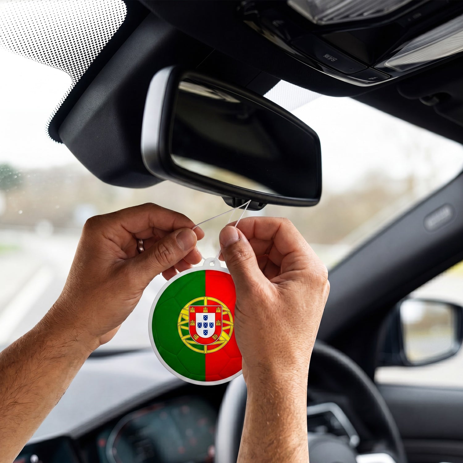 Portugal flag car freshener hanging on rearview mirror