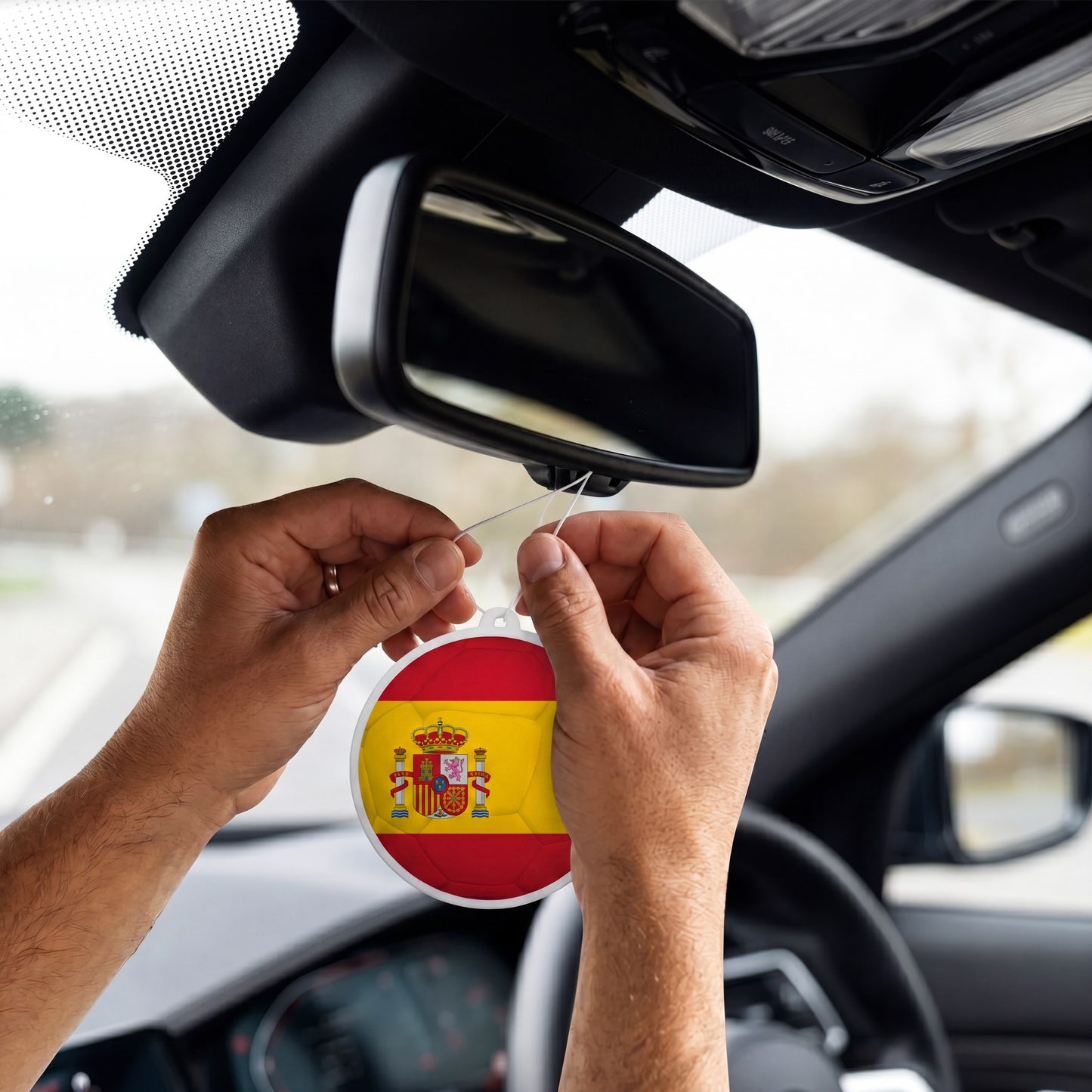 Spain flag car freshener hanging on rearview mirror