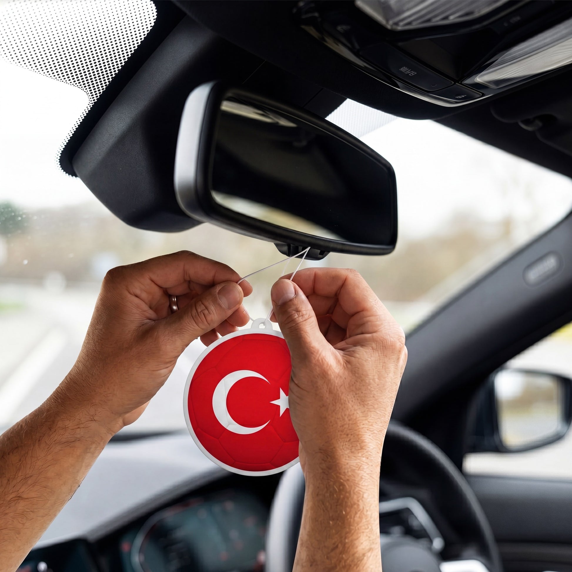 Turkiye flag car freshener hanging on rearview mirror
