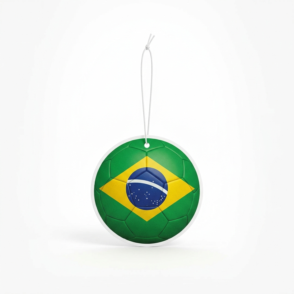 Brazil flag soccer ball car air freshener on white string, white background
